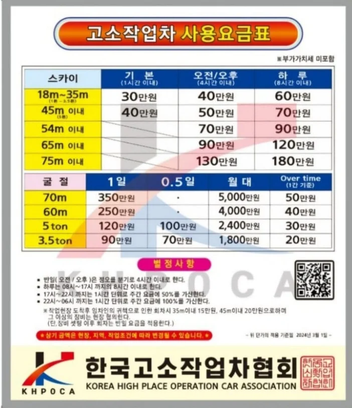한국고소작업차협회 고소작업차 사용요금표 원본